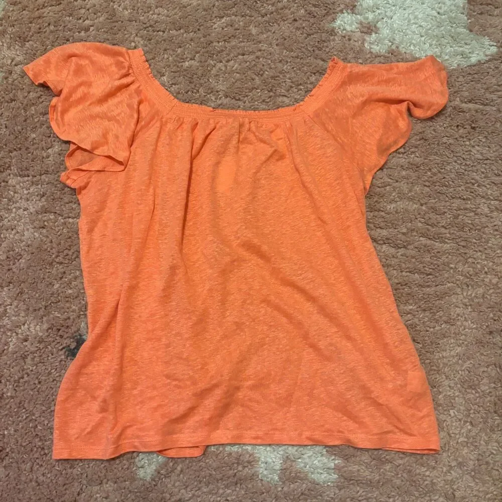 Loft 100% Linen Ruffle Off Shoulder Coral Orange Sz Small NWT Elevated Basics - Picture 3 of 7